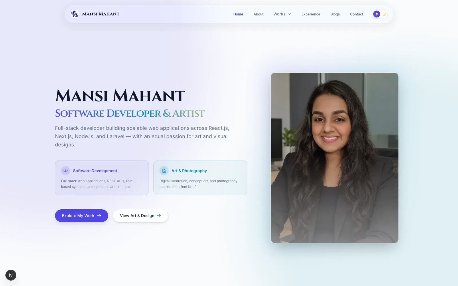 Mansi Mahant portfolio website home page